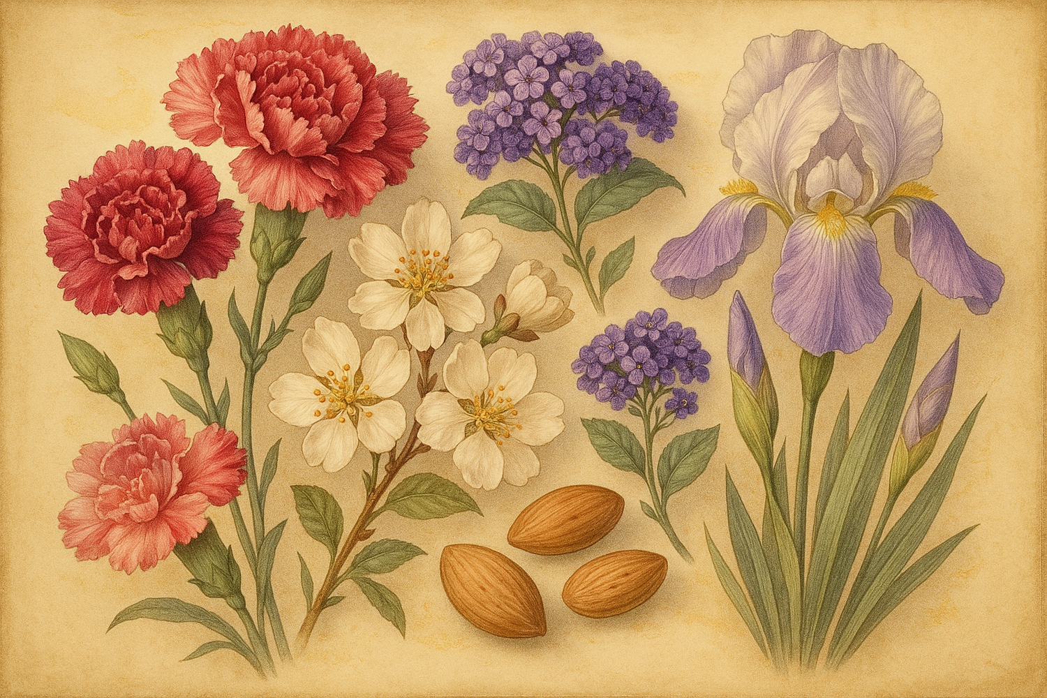 Create ingredient image based on this story - The heart blooms into a vintage elegance, where carnation’s spicy petals mingle with the velvety comfort of almond and powdery heliotrope, wrapped in the noble grace of iris.