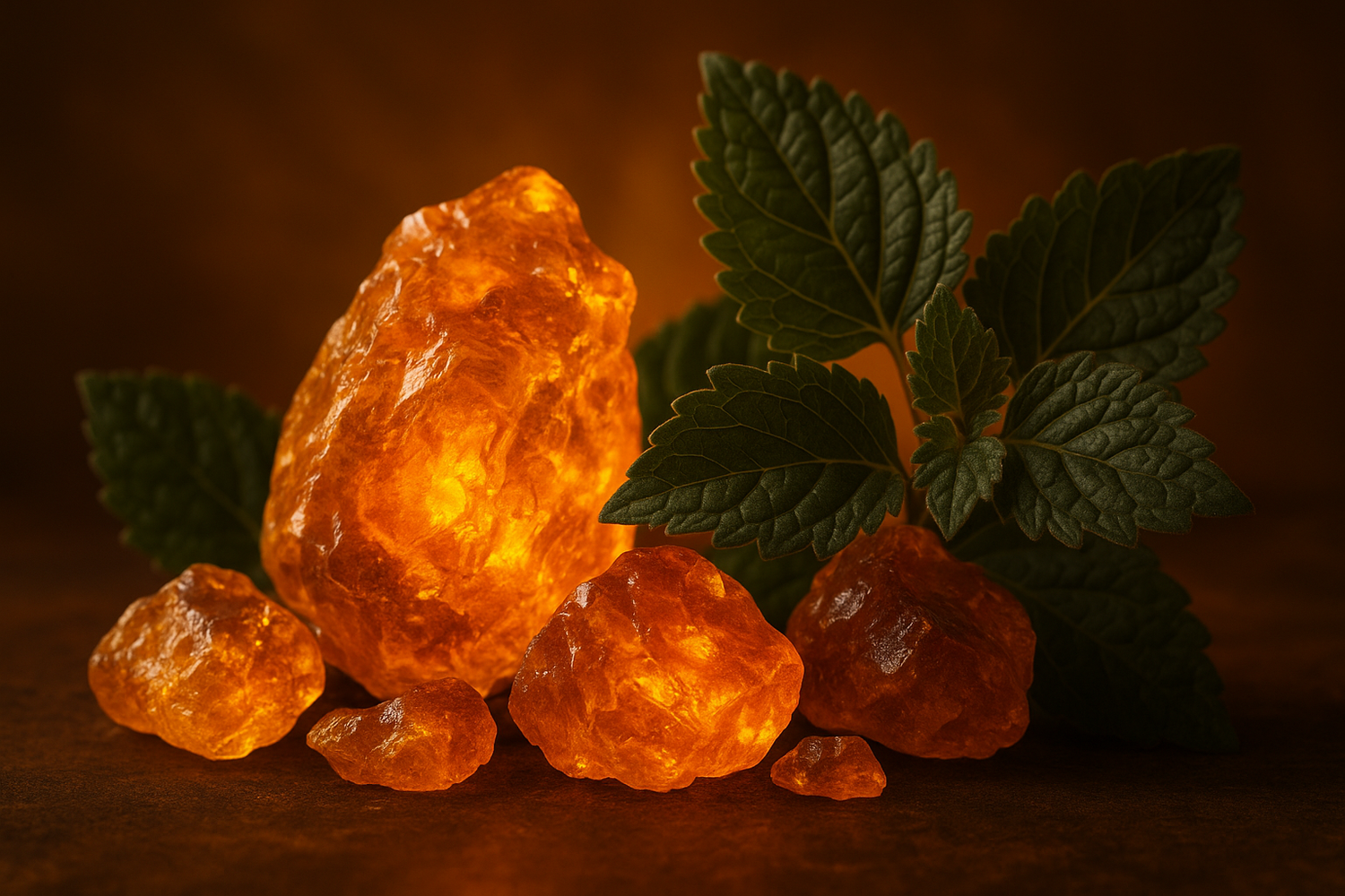 Give ingredient image based on this story - As the fragrance settles, golden amber and earthy patchouli create a warm, grounding embrace, leaving a trail that is both luminous and sensual.