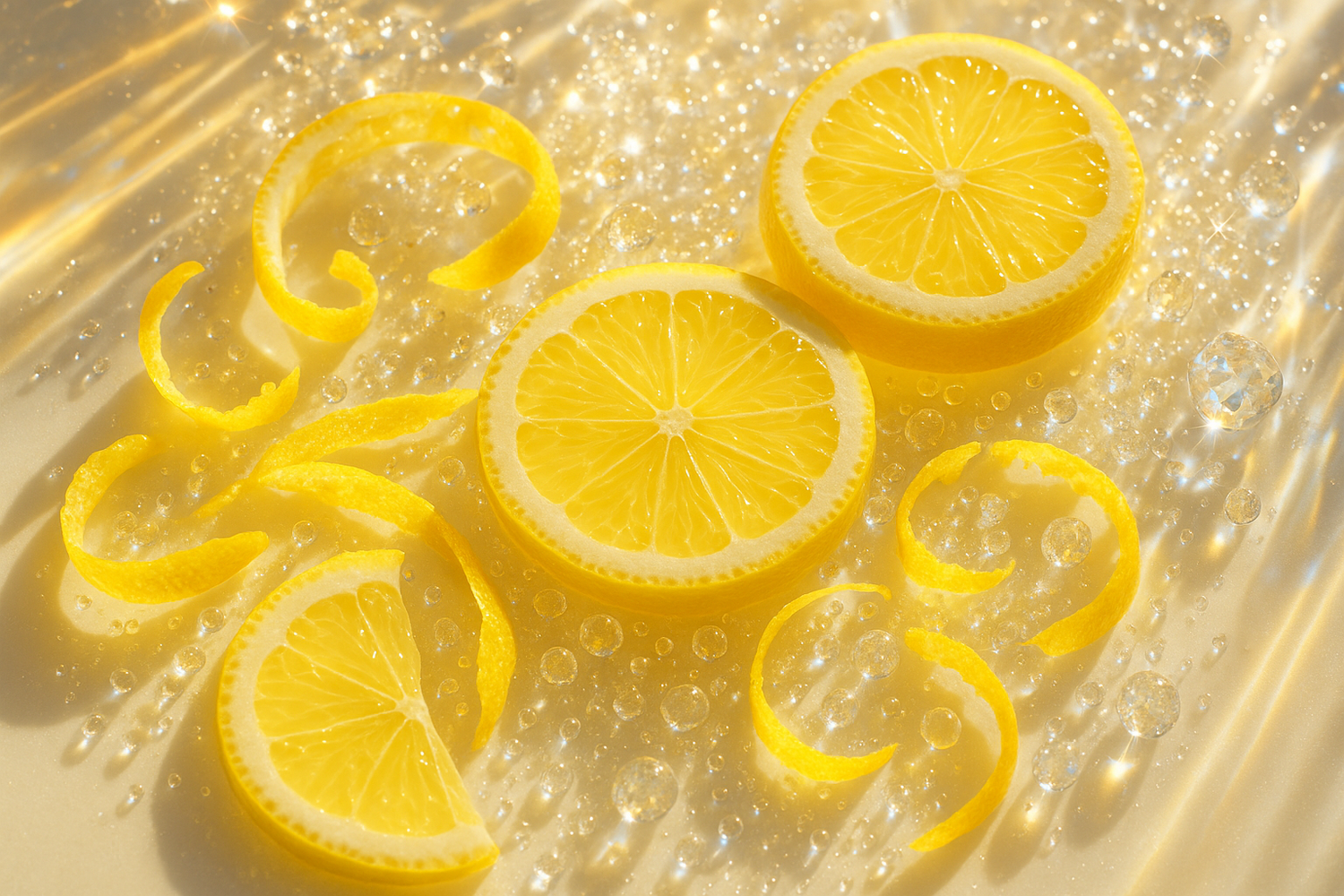 Give ingredient image based on this story - A bright spark of citrus awakens the senses as luminous lemon and airy aldehydes shimmer like morning sunlight on crystal glass.