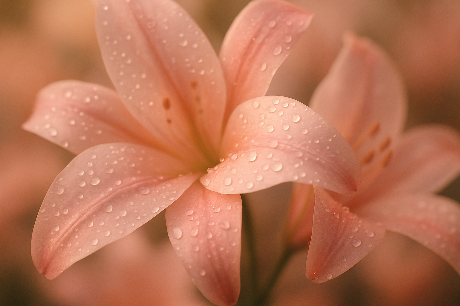 Give ingredient image based on this story - At its heart, delicate lily weaves with a rosy nuance, soft yet enchanting, like petals kissed by morning dew. 