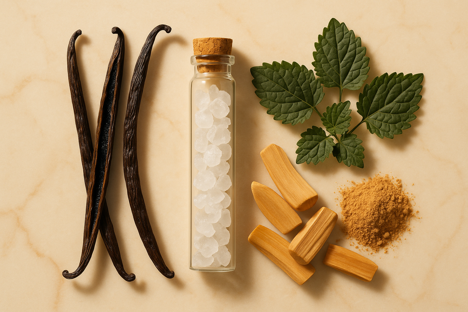 Give ingredient image based on this story - The scent settles into a warm and sensual base creamy vanilla and silky musk blend with earthy patchouli and smooth sandalwood, leaving a comforting and lingering trail of sophistication and depth.