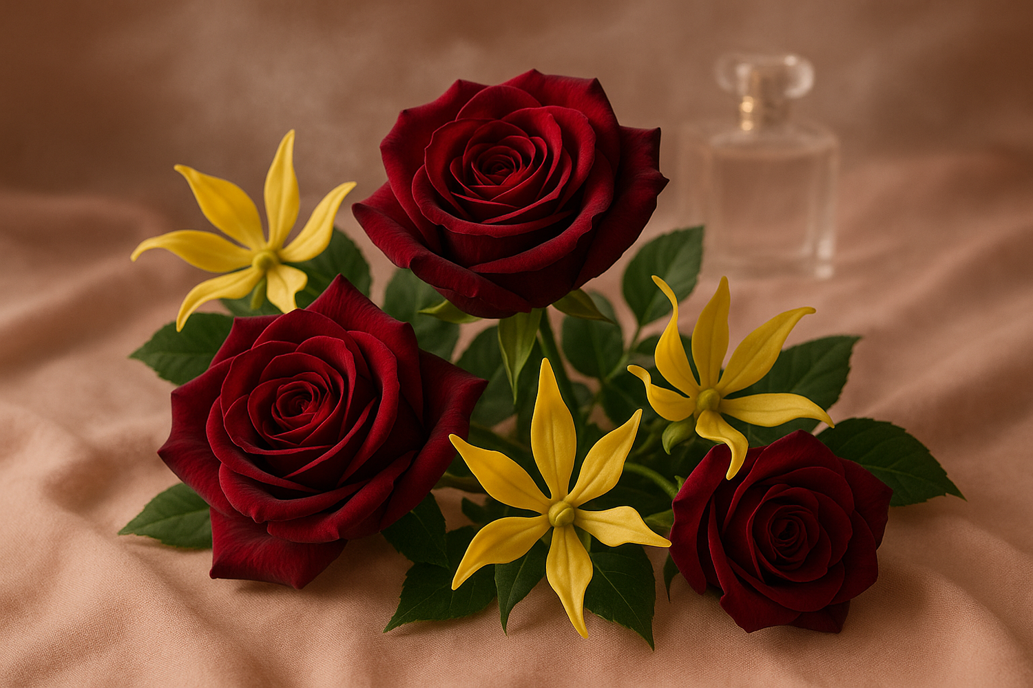 Give ingredient image for this story - At its heart, the fragrance blooms into a graceful bouquet of velvety rose and exotic ylang-ylang, offering a floral elegance that is both delicate and confidently feminine. This layer evokes softness and romantic allure